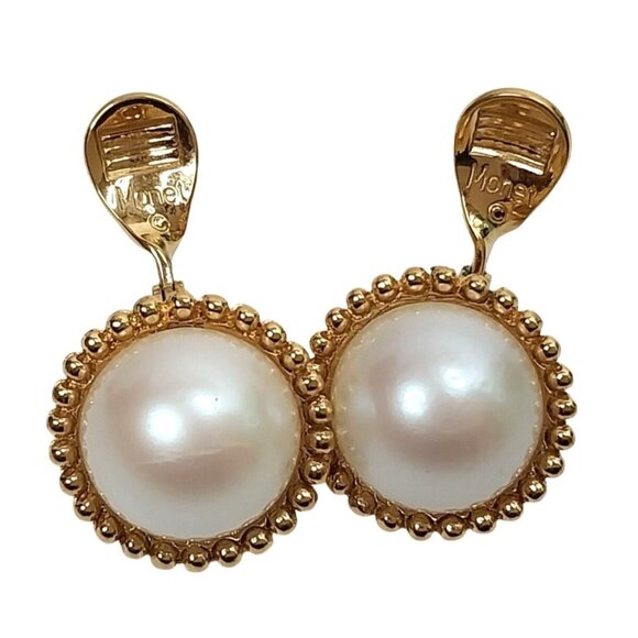 Vintage Monet Gold Faux Pearl Clip-On Earrings Signed - Picture 1 of 4